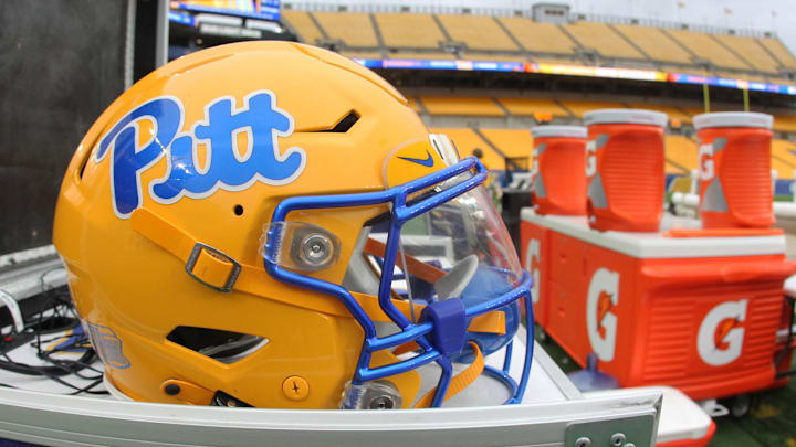 Nov 16, 2024; Pittsburgh, Pennsylvania, USA;  A Pittsburgh Panthers helmet on the sidelines against the Clemson Tigers at Acrisure Stadium. Mandatory Credit: Charles LeClaire-Imagn Images