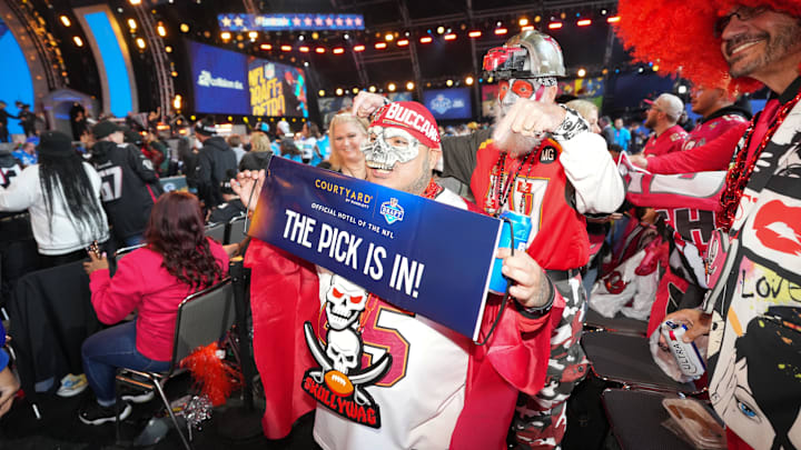 Apr 25, 2024; Detroit, MI, USA; Tampa Bay Buccaneers fans pose for a photograph during the 2024 NFL