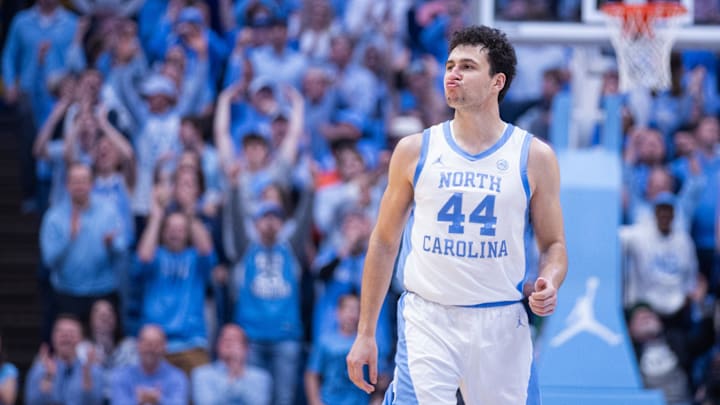 Mar 3, 2026; Chapel Hill, North Carolina, USA; North Carolina Tar Heels guard Luka Bogavac (44) celebrates after a three point basket against the Clemson Tigers during the second half at Dean E. Smith Center. Mandatory Credit: Scott Kinser-Imagn Images