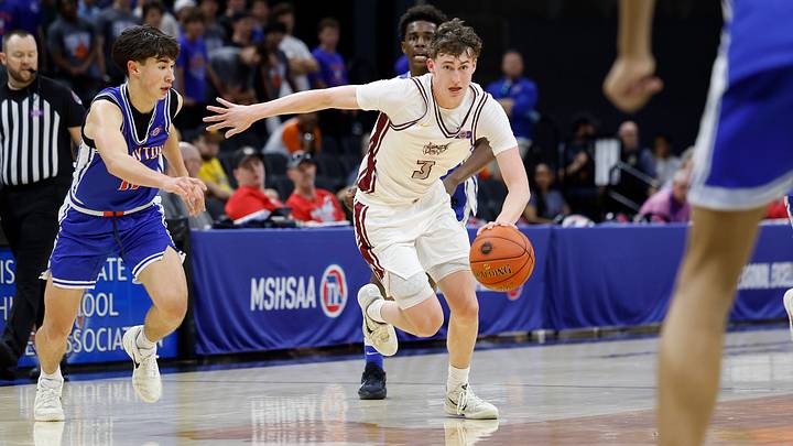 Logan-Rogersville's Chase Branham (3) moves the ball during the Class 4 state championship game against Clayton, Saturday, March 21, 2026, at Mizzou Arena in Columbia, Mo.