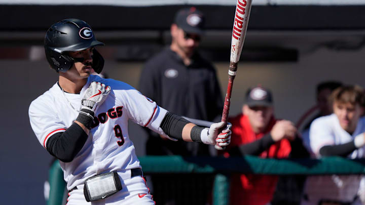 GeorgiaÕs Kolby Branch (9) gets set to bat during an NCAA baseball game against UIC in Athens, Ga., on Friday, Feb. 21, 2025.