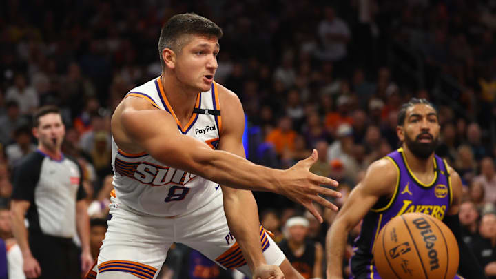 Oct 28, 2024; Phoenix, Arizona, USA; Phoenix Suns guard Grayson Allen (8) against the Los Angeles Lakers at Footprint Center. Mandatory Credit: Mark J. Rebilas-Imagn Images