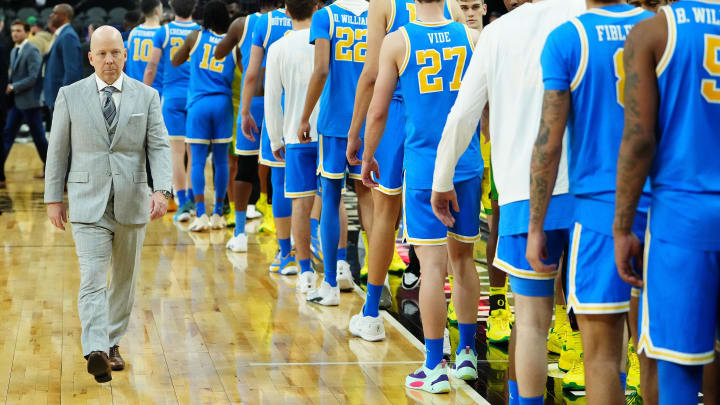 Mar 14, 2024; Las Vegas, NV, USA; UCLA Bruins head coach Mick Cronin walks off the court after the Oregon Ducks defeated the Bruins 68-66 at T-Mobile Arena. Mandatory Credit: Stephen R. Sylvanie-USA TODAY Sports Mar 14, 2024; Las Vegas, NV, USA; UCLA Bruins head coach Mick Cronin walks off the court after the Oregon Ducks defeated the Bruins 68-66 at T-Mobile Arena. Mandatory Credit: Stephen R. Sylvanie-USA TODAY Sports
