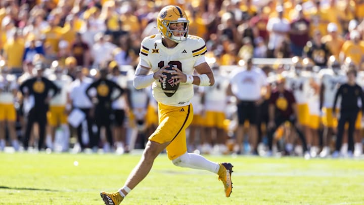 Oct 18, 2025; Tempe, Arizona, USA; Arizona State Sun Devils quarterback Sam Leavitt (10) against the Texas Tech Red Raiders at Mountain America Stadium. Mandatory Credit: Mark J. Rebilas-Imagn Images