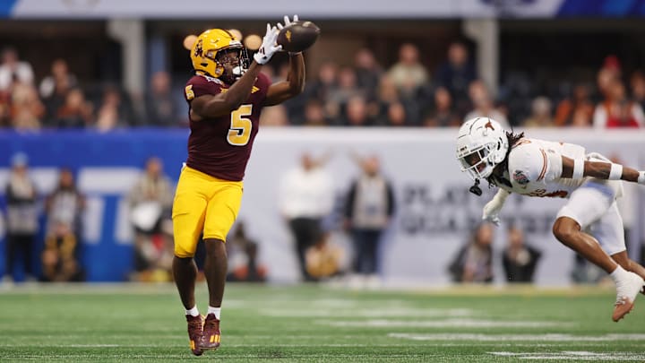 Jan 1, 2025; Atlanta, GA, USA; Arizona State Sun Devils wide receiver Melquan Stovall (5) makes a catch against the Texas Longhorns during the first half of the Peach Bowl at Mercedes-Benz Stadium. Mandatory Credit: Brett Davis-Imagn Images