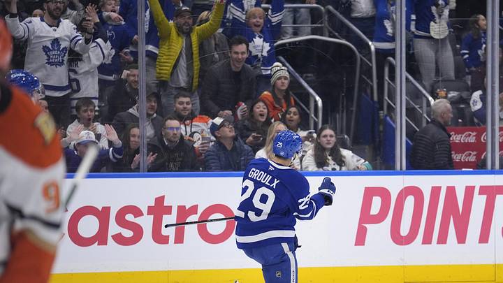Mar 12, 2026; Toronto, Ontario, CAN; Toronto Maple Leafs forward Benoit-Olivier Groulx (29) reacts after scoring against the Anaheim Ducks during the third period at Scotiabank Arena. Mandatory Credit: John E. Sokolowski-Imagn Images