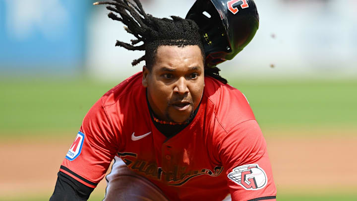 Aug 25, 2024; Cleveland, Ohio, USA; Cleveland Guardians third baseman Jose Ramirez (11) steals third base during the third inning against the Texas Rangers at Progressive Field. Mandatory Credit: Ken Blaze-Imagn Images Aug 25, 2024; Cleveland, Ohio, USA; Cleveland Guardians third baseman Jose Ramirez (11) steals third base during the third inning against the Texas Rangers at Progressive Field. Mandatory Credit: Ken Blaze-Imagn Images
