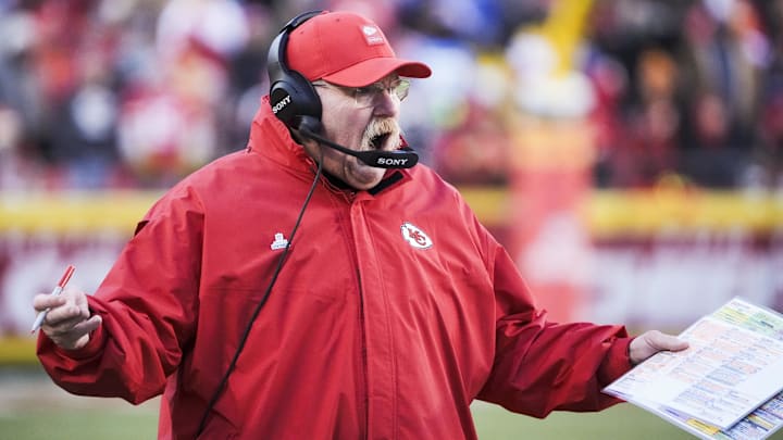 Dec 14, 2025; Kansas City, Missouri, USA; Kansas City Chiefs head coach Andy Reid reacts to a play against the Los Angeles Chargers during the third quarter at GEHA Field at Arrowhead Stadium. Mandatory Credit: Denny Medley-Imagn Images