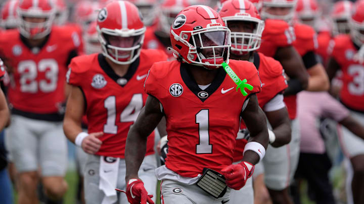 Georgia wide receiver Zachariah Branch (1) takes the field with his teammates before the start of a NCAA college football game against Kentucky in Athens, Ga., on Saturday, October 4, 2025.