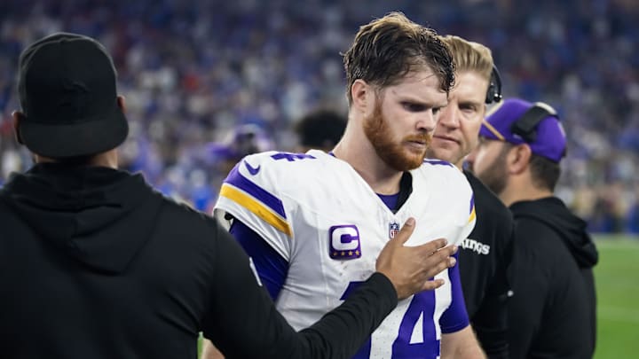 Jan 13, 2025; Glendale, AZ, USA; Minnesota Vikings quarterback Sam Darnold (14) reacts in the closing seconds of the game against the Los Angeles Rams during an NFC wild card game at State Farm Stadium. Mandatory Credit: Mark J. Rebilas-Imagn Images Jan 13, 2025; Glendale, AZ, USA; Minnesota Vikings quarterback Sam Darnold (14) reacts in the closing seconds of the game against the Los Angeles Rams during an NFC wild card game at State Farm Stadium. Mandatory Credit: Mark J. Rebilas-Imagn Images