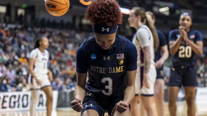 Mar 29, 2025; Birmingham, AL, USA; Notre Dame Fighting Irish guard Hannah Hidalgo (3) reacts after a play against the TCU Horned Frogs during the first half of a Sweet 16 NCAA Tournament basketball game at Legacy Arena. Mandatory Credit: Vasha Hunt-Imagn Images