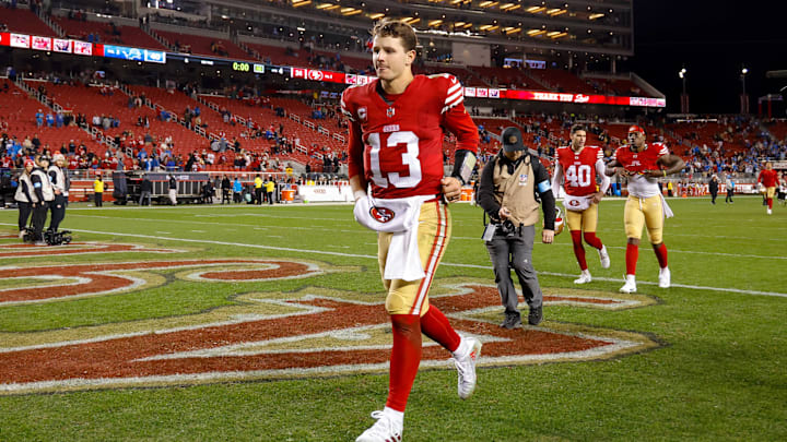 Dec 30, 2024; Santa Clara, California, USA; San Francisco 49ers quarterback Brock Purdy (13) during the game against the Detroit Lions at Levi's Stadium. Mandatory Credit: Sergio Estrada-Imagn Images