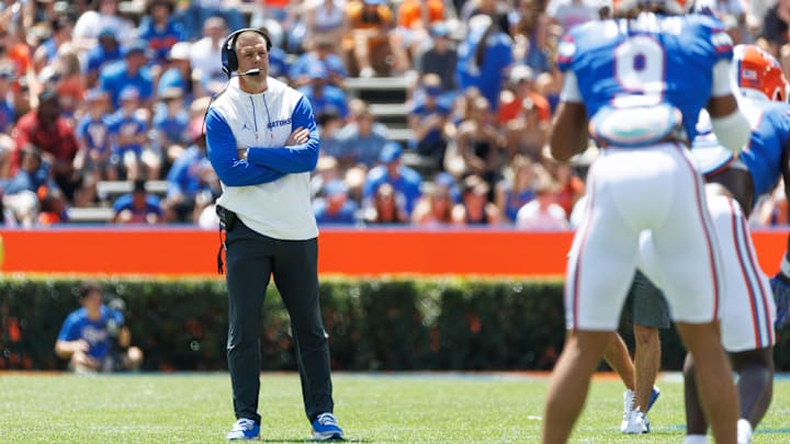 Apr 12, 2025; Gainesville, FL, USA; Florida Gators head coach Billy Napier looks on during the first half at Ben Hill Griffin Stadium. Mandatory Credit: Matt Pendleton-Imagn Images