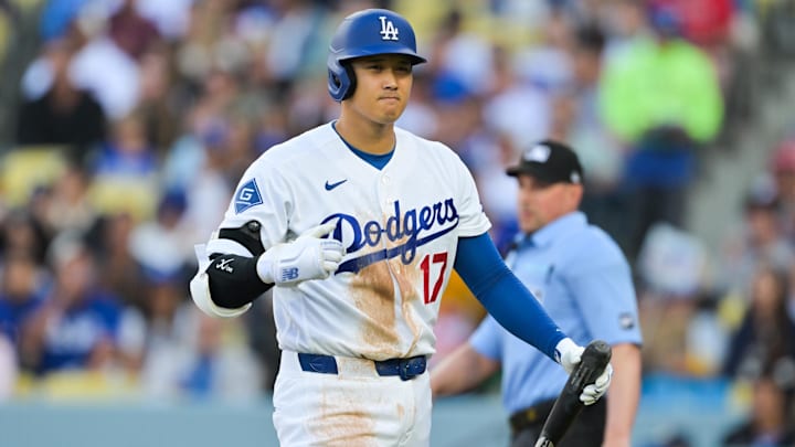Apr 1, 2026; Los Angeles, California, USA; Los Angeles Dodgers two-way player Shohei Ohtani (17) reacts after striking out during the third inning against the Cleveland Guardians at Dodger Stadium. Mandatory Credit: Jayne Kamin-Oncea-Imagn Images