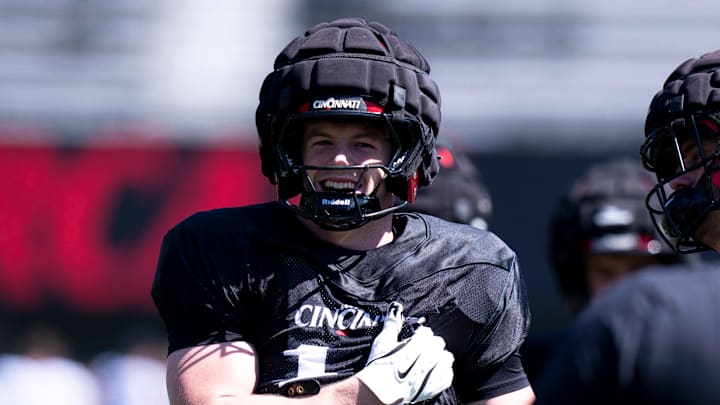 Cincinnati Bearcats linebacker Jake Golday (11) smiles during the Cincinnati Bearcats football spring practice at Nippert Stadium on Saturday, April 12, 2025.