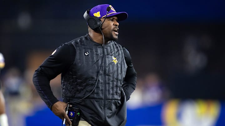 Jan 13, 2025; Glendale, AZ, USA; Minnesota Vikings defensive coordinator Brian Flores against the Los Angeles Rams during an NFC wild card game at State Farm Stadium. Mandatory Credit: Mark J. Rebilas-Imagn Images