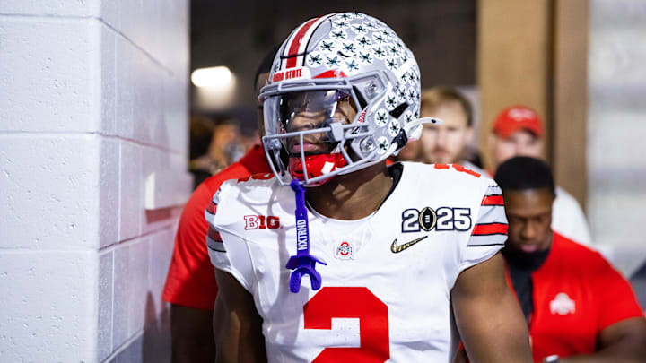 Ohio State Buckeyes safety Caleb Downs against the Notre Dame Fighting Irish during the CFP National Championship. Ohio State Buckeyes safety Caleb Downs against the Notre Dame Fighting Irish during the CFP National Championship.