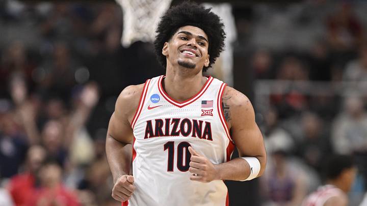 Mar 26, 2026; San Jose, CA, USA; Arizona Wildcats forward Koa Peat (10) reacts after a pay against the Arkansas Razorbacks in the second half during a Sweet Sixteen game of the West Regional of the men's 2026 NCAA Tournament at SAP Center. Mandatory Credit: Eakin Howard-Imagn Images