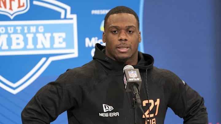 Feb 28, 2025; Indianapolis, IN, USA; Southern California running back Woody Marks (RB21) talks to the press during the 2025 NFL Combine at Indiana Convention Center. Mandatory Credit: Stephanie Amador Blondet-Imagn Images