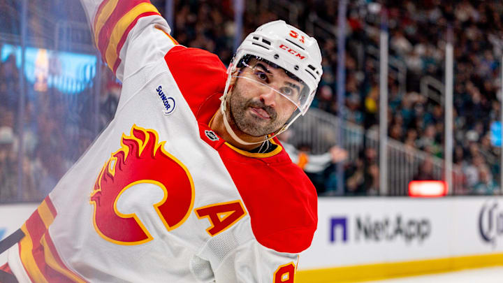 Feb 26, 2026; San Jose, California, USA; Calgary Flames center Nazem Kadri (91) celebrates his goal during the third period against the San Jose Sharks at SAP Center at San Jose. Mandatory Credit: Bob Kupbens-Imagn Images Feb 26, 2026; San Jose, California, USA; Calgary Flames center Nazem Kadri (91) celebrates his goal during the third period against the San Jose Sharks at SAP Center at San Jose. Mandatory Credit: Bob Kupbens-Imagn Images