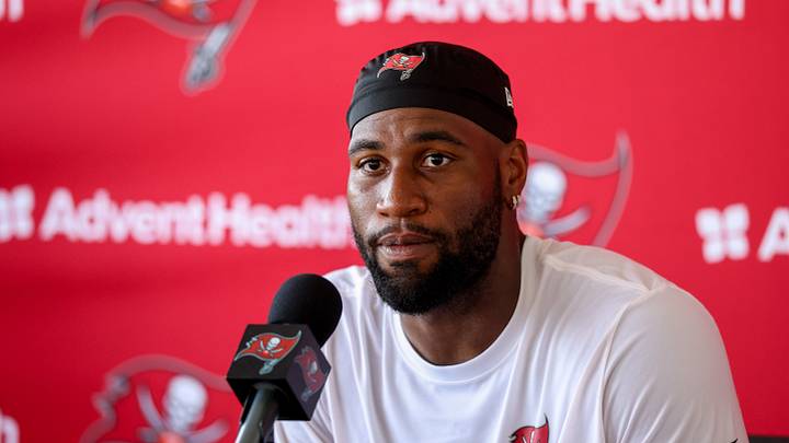 Aug 1, 2025; Tampa, FL, USA; Tampa Bay Buccaneers linebacker Haason Reddick (5) talks to media after training camp at AdventHealth Training Center. Mandatory Credit: Nathan Ray Seebeck-Imagn Images