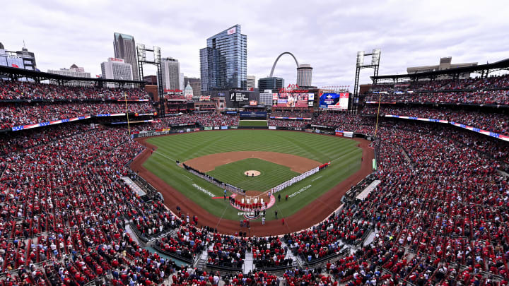 Apr 4, 2024; St. Louis, Missouri, USA;  A general view during the national anthem before the St. Louis Cardinals home opener against the Miami Marlins at Busch Stadium. Mandatory Credit: Jeff Curry-USA TODAY Sports