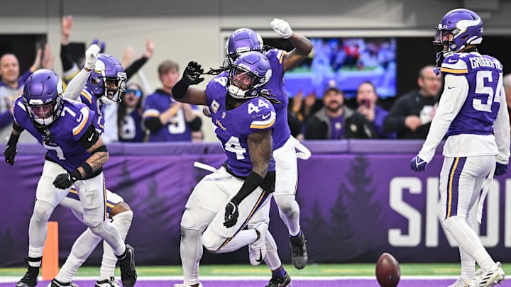 Dec 1, 2024; Minneapolis, Minnesota, USA; Minnesota Vikings safety Josh Metellus (44) and cornerback Byron Murphy Jr. (7) and linebacker Kamu Grugier-Hill (54) react after Minnesota Vikings cornerback Shaquill Griffin (1) made an interception late during the fourth quarter against the Arizona Cardinals at U.S. Bank Stadium.