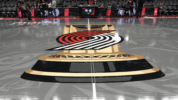 An overall view of the Portland Trail Blazers NBA Cup Court before the game against the Minnesota Timberwolves at Moda Center.