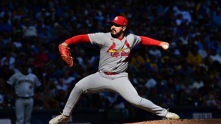 Sep 14, 2025; Milwaukee, Wisconsin, USA; St. Louis Cardinals pitcher JoJo Romero (59) throws against the Milwaukee Brewers in the eighth inning at American Family Field. Mandatory Credit: Benny Sieu-Imagn Images