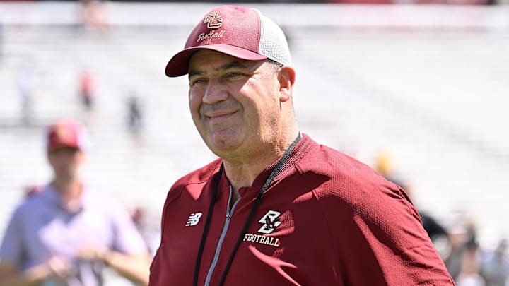 Aug 30, 2025; Chestnut Hill, Massachusetts, USA; Boston College Eagles head coach Bill O'Brien watches over warms ups before a game against the Fordham Rams at Alumni Stadium. Mandatory Credit: Eric Canha-Imagn Images