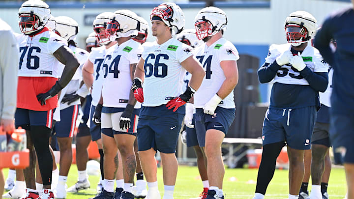 Jul 23, 2025; Foxborough, MA, USA; New England Patriots offensive tackle Will Campbell (66) look on before the start of drills  at training camp at Gillette Stadium. Mandatory Credit: Eric Canha-Imagn Images