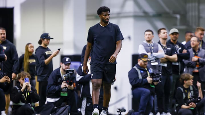 Apr 4, 2025; Boulder, CO, USA; Colorado Buffaloes quarterback Shedeur Sanders (2) runs drills at the University of Colorado NFL Showcase at the CU Indoor Practice Facility. Mandatory Credit: Michael Ciaglo-Imagn Images Apr 4, 2025; Boulder, CO, USA; Colorado Buffaloes quarterback Shedeur Sanders (2) runs drills at the University of Colorado NFL Showcase at the CU Indoor Practice Facility. Mandatory Credit: Michael Ciaglo-Imagn Images