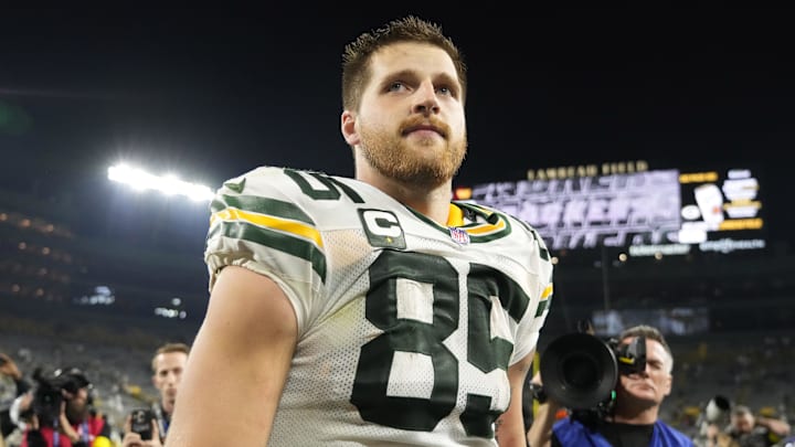 Sep 11, 2025; Green Bay, Wisconsin, USA; Green Bay Packers tight end Tucker Kraft (85) looks on after the game against the Washington Commanders at Lambeau Field. Mandatory Credit: Jeff Hanisch-Imagn Images