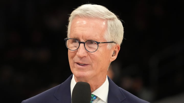 Dec 18, 2023; Los Angeles, California, USA; MSG announcer Mike Breen during the game between the Los Angeles Lakers and the New York Knicks at Crypto.com Arena. Mandatory Credit: Kirby Lee-USA TODAY Sports