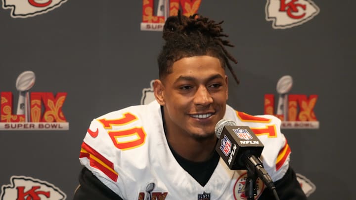 Feb 5, 2025; New Orleans, LA, USA;  Kansas City Chiefs running back Isiah Pacheco (10) in a press conference ahead of Super Bowl LIX at New Orleans Marriott. Mandatory Credit: Kirby Lee-Imagn Images
