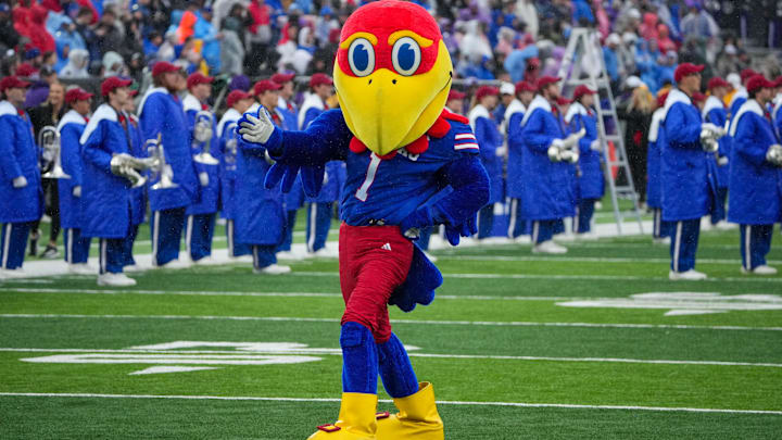Oct 25, 2025; Lawrence, Kansas, USA; The Kansas Jayhawks mascot Big Jay performs against the Kansas State Wildcats prior to a game at David Booth Kansas Memorial Stadium. Mandatory Credit: Denny Medley-Imagn Images