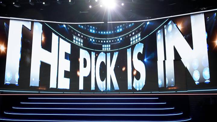 Jun 27, 2025; Los Angeles, California, USA; The video board shows the 20th overall pick for the Columbus Blue Jackets is about to be announced in the first round of the 2025 NHL Draft at Peacock Theater. 