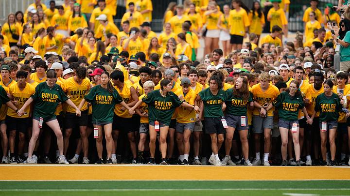 Sep 16, 2023; Waco, Texas, USA; The Baylor Line prepares to run onto the field before the game against the Long Island Sharks at McLane Stadium. Mandatory Credit: Chris Jones-USA TODAY Sports Sep 16, 2023; Waco, Texas, USA; The Baylor Line prepares to run onto the field before the game against the Long Island Sharks at McLane Stadium. Mandatory Credit: Chris Jones-USA TODAY Sports