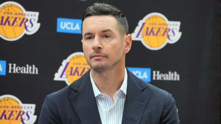 Jul 2, 2024; El Segundo, CA, USA; Los Angeles Lakers coach JJ Redick at a press conference at the UCLA Health Training Center. Mandatory Credit: Kirby Lee-USA TODAY Sports