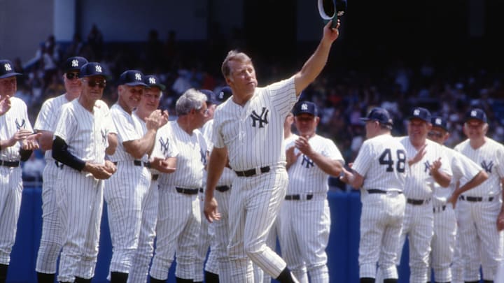 July 13, 1985; New York City, NY, USA; Mickey Mantle and other former Yankees acknowledge the cheers of the fans during Old Timers Day at Yankee Stadium in New York City on July 13, 1985. The day was dedicated to Joe DiMaggio, and his 50 years of association with the Yankees. Mandatory Credit: Ed Hill-USA TODAY NETWORK
