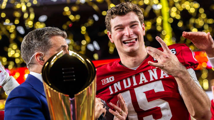 Indiana's Fernando Mendoza (15) smiles as he celebrates after the College Football Playoff National Championship college football game at Hard Rock Stadium in Miami Gardens on Monday, Jan. 19, 2026.