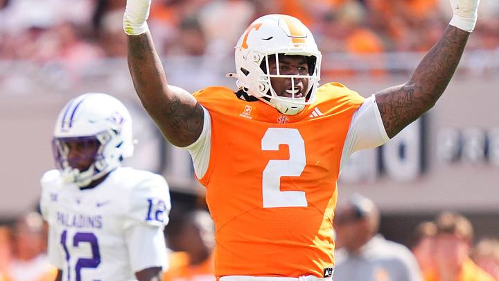 Tennessee defensive lineman Xavier Gilliam (2) celebrates a sack on the field during a game between Tennesse and Furman at Neyland Stadium in Knoxville, Tenn., on Sept. 5, 2026.