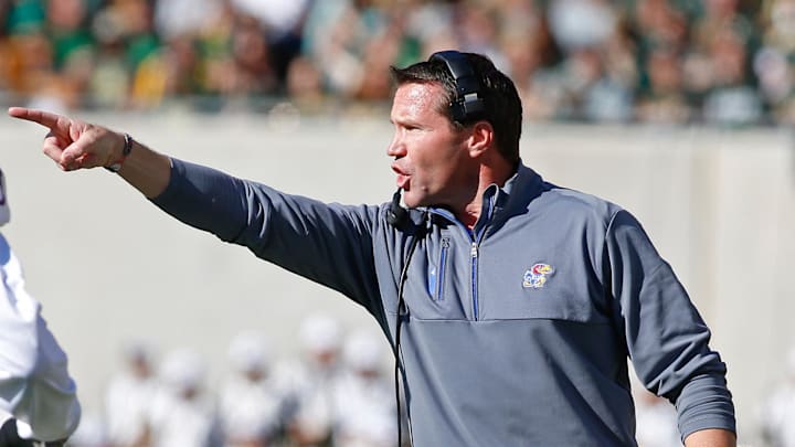 Nov 1, 2014; Waco, TX, USA;  Kansas Jayhawks head coach Clint Bowen on the field during the game against the Baylor Bears at McLane Stadium. Mandatory Credit: Tim Heitman-Imagn Images