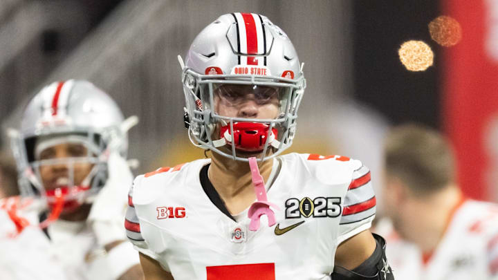 Ohio State Buckeyes cornerback Aaron Scott Jr. against the Notre Dame Fighting Irish during the CFP National Championship college football game at Mercedes-Benz Stadium. 