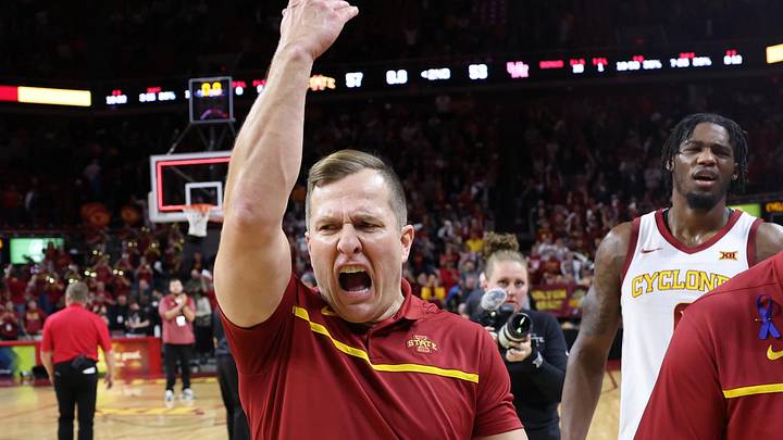 Jan 9, 2024; Ames, Iowa, USA; Iowa State Cyclones head coach TJ Otzelberger celebrates after his team beat the #2 Houston Cougars at James H. Hilton Coliseum.