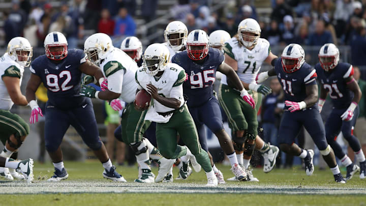 Oct 17, 2015; East Hartford, CT, USA; South Florida Bulls quarterback Quinton Flowers (9) runs the ball against the Connecticut Huskies in the second half at Rentschler Field. USF defeated UConn 28-20. Mandatory Credit: David Butler II-USA TODAY Sports