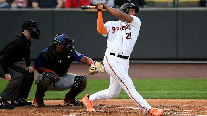 Shorebirds' Samuel Basallo (21) swings in the game against the Cannon Ballers Tuesday, April 11, 2023, at Perdue Stadium in Salisbury, Maryland. The Shorebirds defeated the Cannon Ballers 7-2.
Bbm Delmarva Shorebirds Kannapolis Cannon Ballers Shorebirds' Samuel Basallo (21) swings in the game against the Cannon Ballers Tuesday, April 11, 2023, at Perdue Stadium in Salisbury, Maryland. The Shorebirds defeated the Cannon Ballers 7-2.
Bbm Delmarva Shorebirds Kannapolis Cannon Ballers