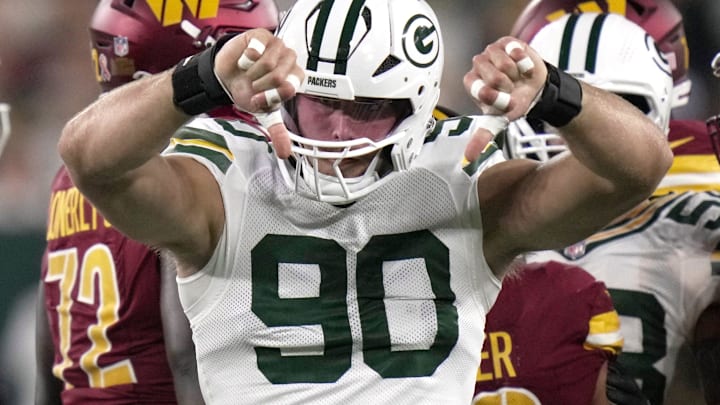Green Bay Packers defensive end Lukas Van Ness (90 cleats tacking Washington Commanders running back Austin Ekeler for a loss during the first quarter of their game Thursday, September 11, 2025 at Lambeau Field in Green Bay, Wisconsin. Green Bay Packers defensive end Lukas Van Ness (90 cleats tacking Washington Commanders running back Austin Ekeler for a loss during the first quarter of their game Thursday, September 11, 2025 at Lambeau Field in Green Bay, Wisconsin.