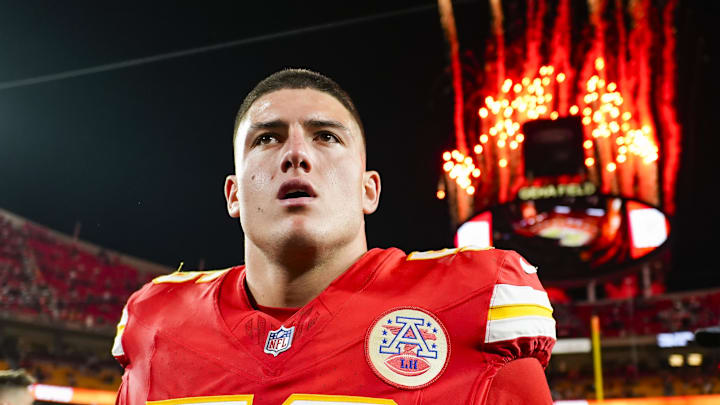 Oct 7, 2024; Kansas City, Missouri, USA; Kansas City Chiefs defensive end George Karlaftis (56) after defeating the New Orleans Saints at GEHA Field at Arrowhead Stadium. Mandatory Credit: Jay Biggerstaff-Imagn Images
