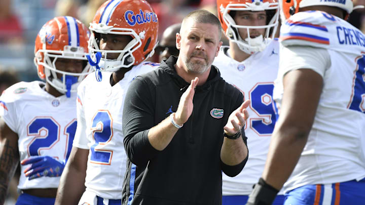Nov 2, 2024; Jacksonville, Florida, USA; Florida Gators head coach Billy Napier before a game against the Georgia Bulldogs at EverBank Stadium. Mandatory Credit: Melina Myers-Imagn Images